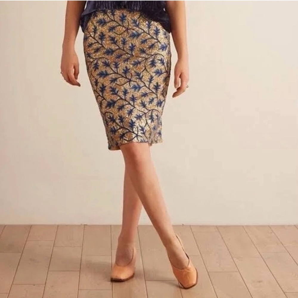 NWT Anthropologie Blue and Gold Floral Pencil Skirt Size Small